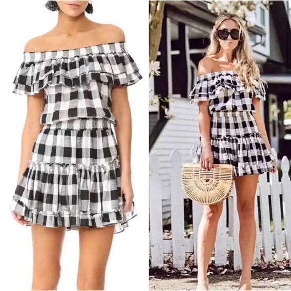 MISA Los Angeles Marielle Gingham Check Off The Shoulder Dress - Picture 2 of 8